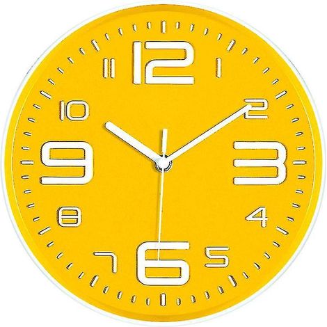 Horloge murale jaune moutarde silencieuse et moderne à pendule, grands chiffres 3D, idéale pour chambre d'enfant, cuisine, salle de bain ou salon (30 cm). (1/4)