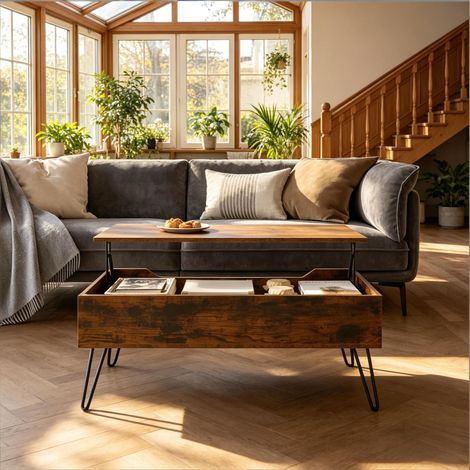 Table Basse Relevable 95x50 cm Bois et Métal Marron avec Rangement Intégré pour Salon – MEUBLIV (1/4)