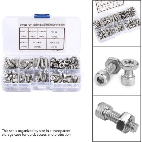 Lot de 140 vis Allen inox 304 10-32 + écrous, kit d'assortiment avec boîte transparente (1/5)