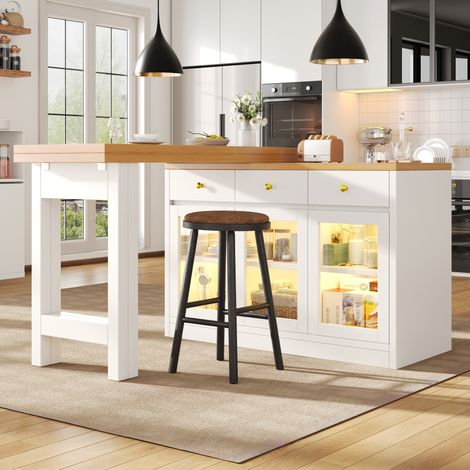 Table extensible de cocina MDF blanco 120-200x40x75,5 cm con LED RGB, 3 cajones y 3 puertas de vidrio (1/5)