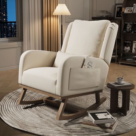 Fauteuil à bascule, à bascule, rembourré, avec pieds en bois, coussin lombaire et 2 poches latérales, fauteuil de relaxation, fauteuil de lecture, pour salon, chambre à coucher, balcon, tissu en lin (1/5)