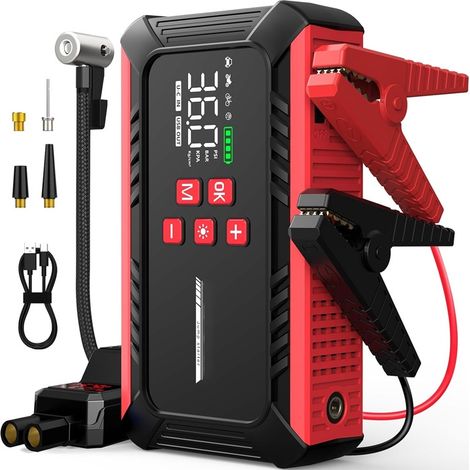 Booster Batterie Voiture 6000A,Demarreur Batterie Voiture,12V Démarreur de Voiture(8.0L Diesel/10.0L Gaz),Jump Starter Portable avec Compresseur Voiture, lumière LED,Pince Intelligente avec Écran