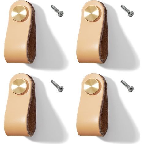 Set di 4 maniglie per mobili in pelle, per armadi da cucina e credenze (beige, foro singolo) (1/5)