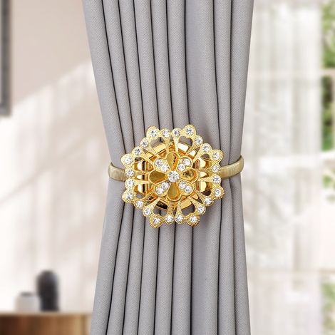 Lot de 2 Embrasses Rideau Aimantées Fleur Cristal Or Moderne – Attaches Magnétiques Sans Perçage, Boucles Déco Lien de Drapé Crochet Aimanté Salon Chambre Voilage Doré (1/5)