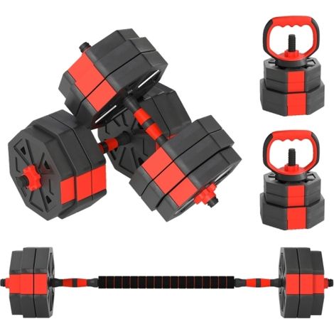 4-in-1 Adjustable Weight Dumbbells Set, Used as Kettlebell, Barbell, Dumbbell, Push-Up Stand, 30kg Free Weights Set for Men and Women Home Gym Training, Red