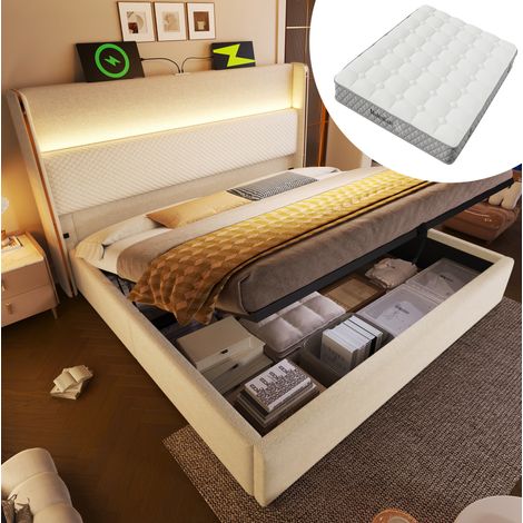 Letto matrimoniale 160x200 cm con testiera alta, LED, spazio contenitore, USB e Type C, in lino beige (1/5)