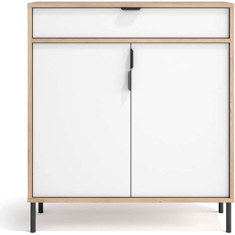 Mueble auxiliar/zapatero Md-507, 2 puertas 1 cajón en roble oscuro/blanco, 89cm(alto) 80cm(ancho) 29cm(prof.) (1/4)