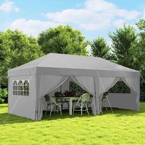 Cenador de jardín exterior, plegable, de 3 x 6 m con 6 paneles laterales, incluye bolsa de transporte, color gris.
