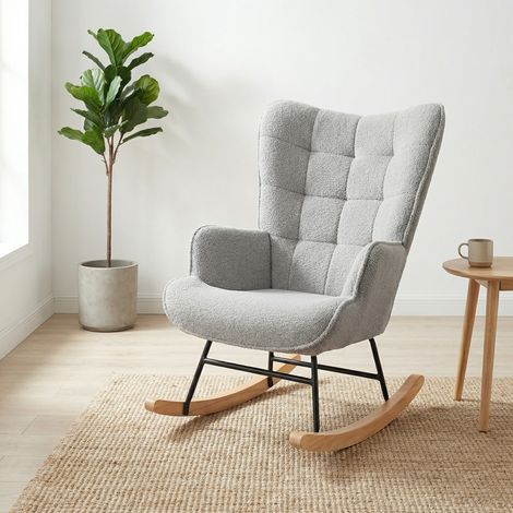 Sedia a dondolo in tessuto Teddy, Poltrona relax imbottita 68x75x92cm, Poltroncina con schienale a scacchi e gambe in metallo e legno, Design Moderno, Grigio chiaro