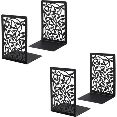 Ensemble de 4 serre-livres, 12 x 9,5 x 17 cm, en métal noir, design élégant, base antidérapante, multifonctionnel, pour bibliothèque. (1/5)