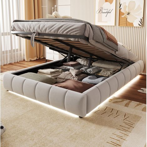 Polsterbett ohne Kopfteil mit Stauraum 140x200 cm LED Beige OKMYHOME (1/5)