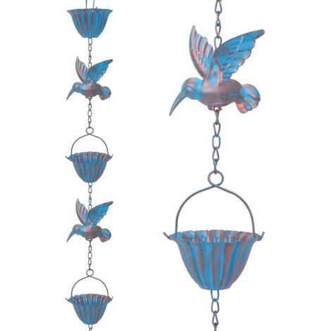 QORVA-Chaîne de pluie de 2,4m avec colibris – Chaîne en métal bleu rétro, 7 oiseaux et 7 tasses pour gouttières, décoration de jardin