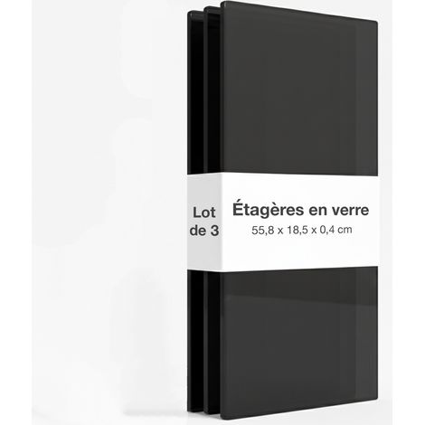 K-Möbel Lot de 3 Tablettes Verre Noir 558x185x4mm ESG avec Supports (1/5)