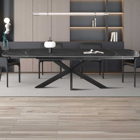 Table repas extensible 160-240 cm en pierre effet marbre noir et métal (1/5)