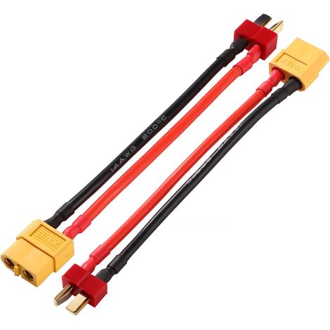 2 Pièces Adaptateurs T-Plug Mâle vers Femelle XT-60, Adaptateur de Connecteur Mâle Prise T-Plug à Connecteur Femelle Fiche XT60, avec 10cm 14AWG Câble en Silicone, pour RC Batterie Chargeur ESC (1/5)
