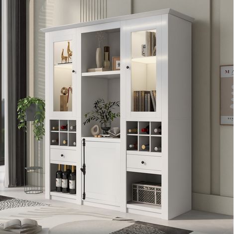 Vitrine LED 143x45,5x170 cm en MDF blanc, avec rangement moderne pour salon FloraGrace (1/5)