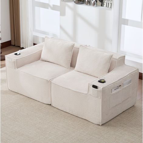 Sofá modular 2 plazas 188x90x75 cm beige en pana con portavasos, bolsillos laterales y montaje sin herramientas (1/5)
