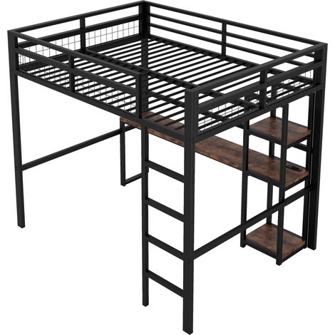 Letto soppalcato 140 x 200 cm in metallo nero con scrivania, mensole, USB e Type-C (1/5)
