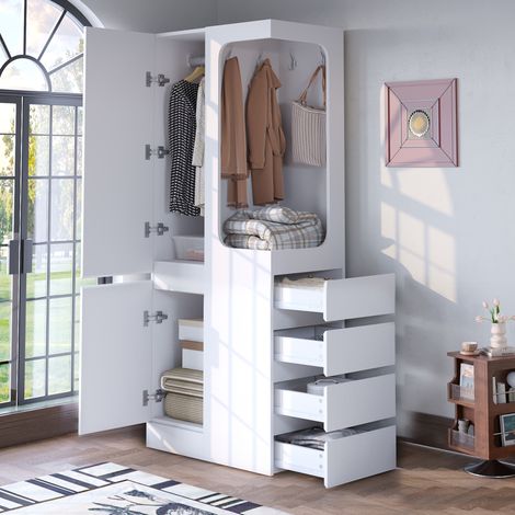 Armoire blanche 70 x 40 x 170 cm, 4 tiroirs, penderie ouverte, 1 porte, FloraGrace (1/5)