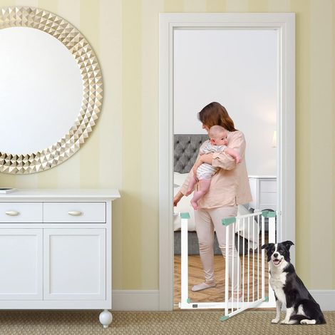COSTWAY Barrière de Sécurité Bébé Extensible 80-132cm à Fermeture Automatique, Barrière d'Escalier à Fixation par Pression, sans Percage, Ouverture à Une Main, Idéal pour Chiens ou Bébé de 0-3 Ans (1/5)