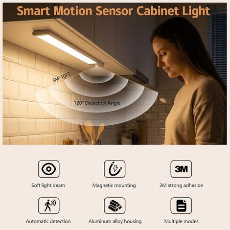 Lampe de cuisine LED rechargeable de 30 cm pour sous les armoires de cuisine, 88 perles LED, fixation magnétique 3M, luminosité réglable en continu, lumière blanc chaud/blanc naturel/blanc froid. (1/4)
