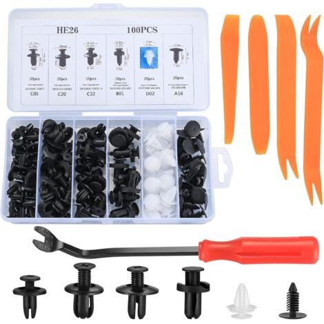 Clips Agrafes Plastiques Voiture Rivets Fixation Set, Rivets Plastiques Fixation de Protection Noir Universel pour Auto Voitures Panneaux de Portes Garnissages, avec Pince de Retrait—