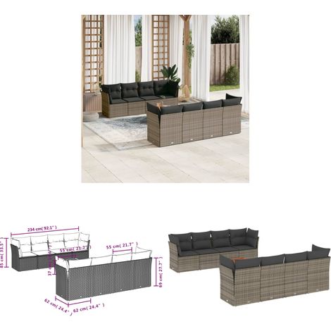 9-tlg. Garten-Sofagarnitur mit Kissen Grau Poly Rattan - Gartensortiment - Outdoor Möbel - Lounge Set - Gartenlounge - Esstischset - Home & Living (1/3)