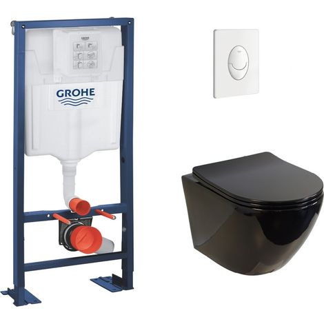 Pack WC Grohe Rapid SL + Cuvette sans bride KELOS Noir Brillant + Plaque Skate Air Blanc (1/5)