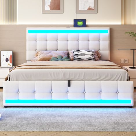 Lit rembourré en tissu beige 180x200 cm avec LED RGB, ports USB et tête de lit réglable (1/5)