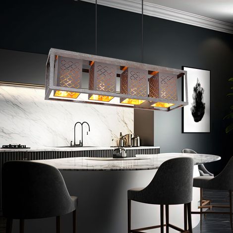Pendelleuchte Metall 4 flammig Hängelampe Esstisch grau Pendellampe verstellbar, Höhe anpassbar, Orientalisch Dekorstanzungen, Textil silber gold antik, 4x E27 Fassungen, HxLxB 120x75x20cm