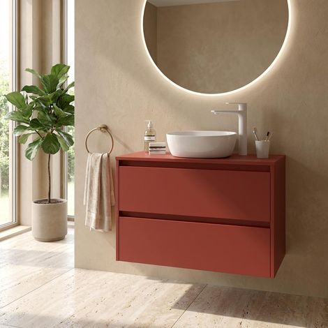 Mobile Bagno Sospeso 100 cm con 2 Cassetti e lavabo appoggio Rosso Satinato – Linea