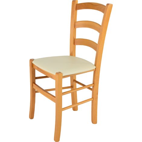 Tommychairs - Sedia modello Venice per cucina bar e sala da pranzo, robusta struttura in legno di faggio color miele e seduta rivestita in pelle artificiale color avorio (1/5)