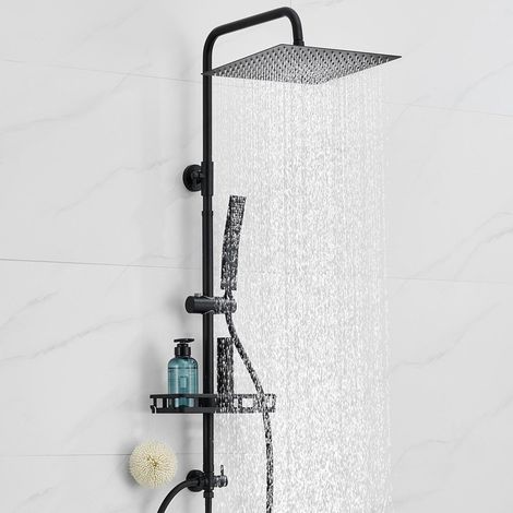 Auralum Max Columna de ducha de acero inoxidable con alcachofa de mano, altura regulable, juego de ducha de lluvia de pared sin grifo con alcachofa de ducha 30x30 cm/estante, cromado (1/5)