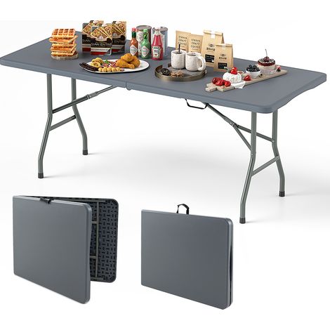 Table Pliable Portable 180 cm, Table Pliante en Deux Charge 160 kg, Plateau en HDPE, Verrouillage Sécurisé, avec Poignée de Transport, Gris (1/5)