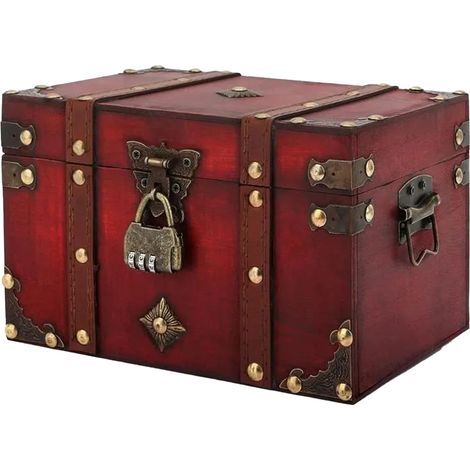 Coffre de rangement en bois avec serrure, orné d'un cadenas de pirate boîte en bois décorative rouge. (1/5)