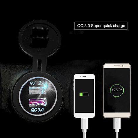 Chargeur de voiture étanche à double port USB pour téléphone portable et tablette, charge rapide et sécurisée, compatible QC 3.0, blanc, DC 12-24 V (1/5)