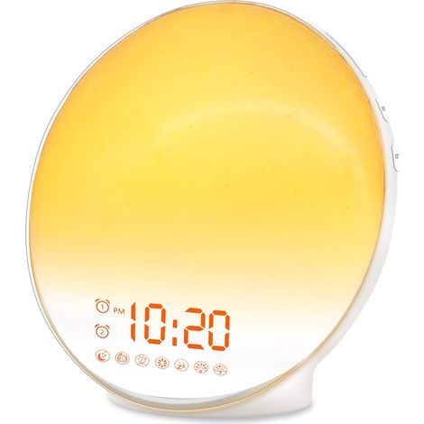 Réveil lumineux pour enfants, gros dormeurs, chambre à coucher, avec simulation de lever de soleil, s'endormir, deux alarmes, radio FM, snooze, veilleuse, lumières colorées, 7 sons naturels, idéal po (1/5)