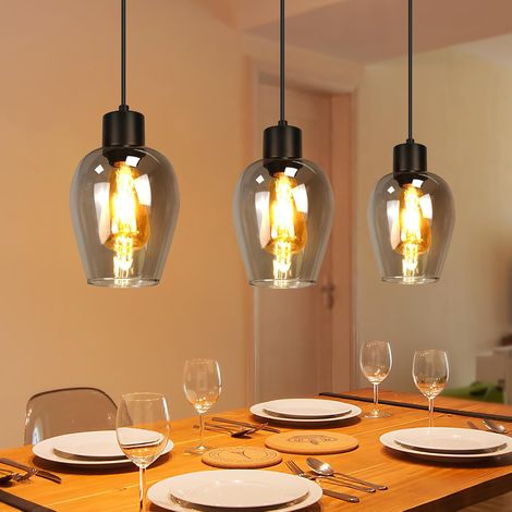 GBLY Lampada A Sospensione Nero 3 Luci Vintage E27 Vetro Fumo Per Sala Da Pranzo Hotel Scala Soggiorno Senza Lampada
