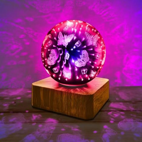 Veilleuse Papillon 3D LED en ABS avec Base Bois - Lampe d'Ambiance Multicolore pour Décoration de Chambre