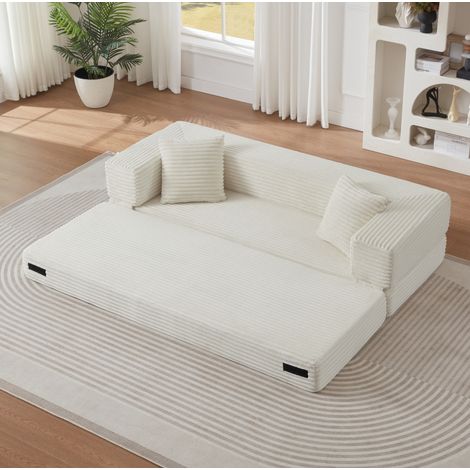 Divano letto convertibile in velluto a coste, 2 posti, schiuma ad alta densità, bianco DESVIAE (1/5)