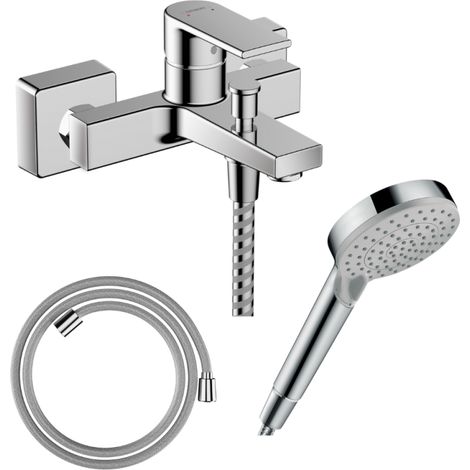 HANSGROHE Pack mezclador mecánico de baño Vernis Shape C2 + Designflex flexible + rociador Vernis Blend 100 EcoSmart 2 chorros cromado