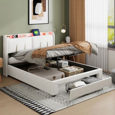 Bett mit Stauraum 160x200cm aus Samt, Doppelbett mit Stauraum und Schublade, Kopfteil mit LED-Beleuchtung und Stauraum, Beige