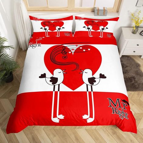 Mr Mrs Parure de Lit 140x200cm Couple Amoureux Mariage Romantique Thème Parure Housse de Couette Bonheur Oiseaux d'amour Rouge Amour Coeur Housse de Couette Mode Chambre Décor Citations Amusantes - 14 (1/5)