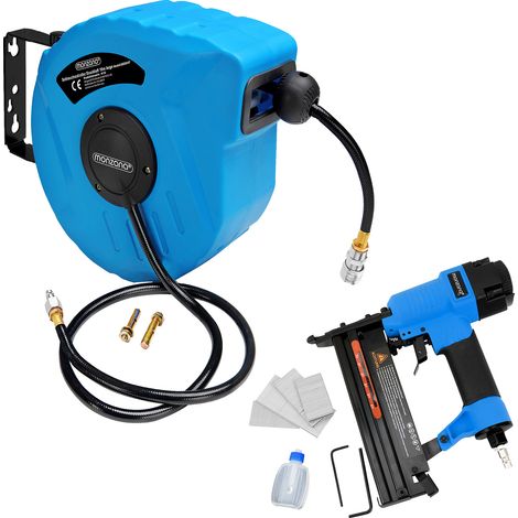 Dévidoir enrouleur de tuyau à air comprimé outil pneumatique set garage outillage 10m Druckluft Schlauchtrommel + Tacker (de) (1/5)