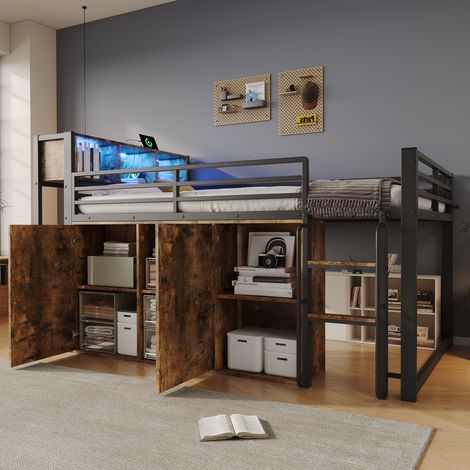 Lit mezzanine 120 x 200 cm avec armoire, étagères, LED et prise UE, métal noir, REDOM (1/5)