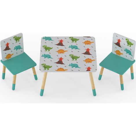 Dino Kids Table & 2 Chairs Set - Space Saving Play Furniture with Scandi Pine Legs & Dinosaur Graphics - Assembly Required