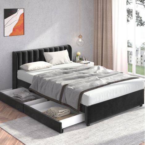 Letto matrimoniale imbottito 160x200 cm in velluto con 2 cassetti, nero (1/5)