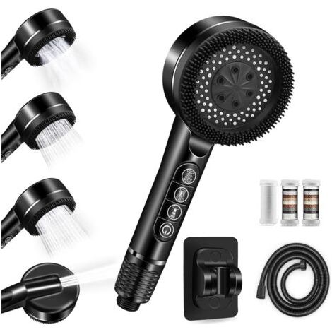 High-pressure shower head, water-saving shower head with 4 spray patterns, anti-limescale shower head with 1.5m shower hose and shower holder, with water shut-off button, black (1/5)