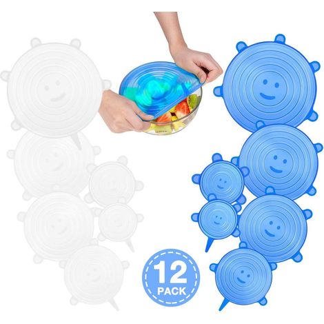 MINKUROW Tapas De Silicona Elásticas, 12 Piezas Tapas De Silicona Elásticas Reutilizables Sin Bpa (Azul Y Blanco) (1/5)
