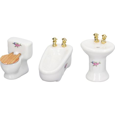Ensemble de salle de bain miniature pour maisons de poupées, composé de 3 pièces en céramique : baignoire, toilettes et lavabo. Échelle 1:24. Mobilier de salle de bain à motifs floraux. (1/5)
